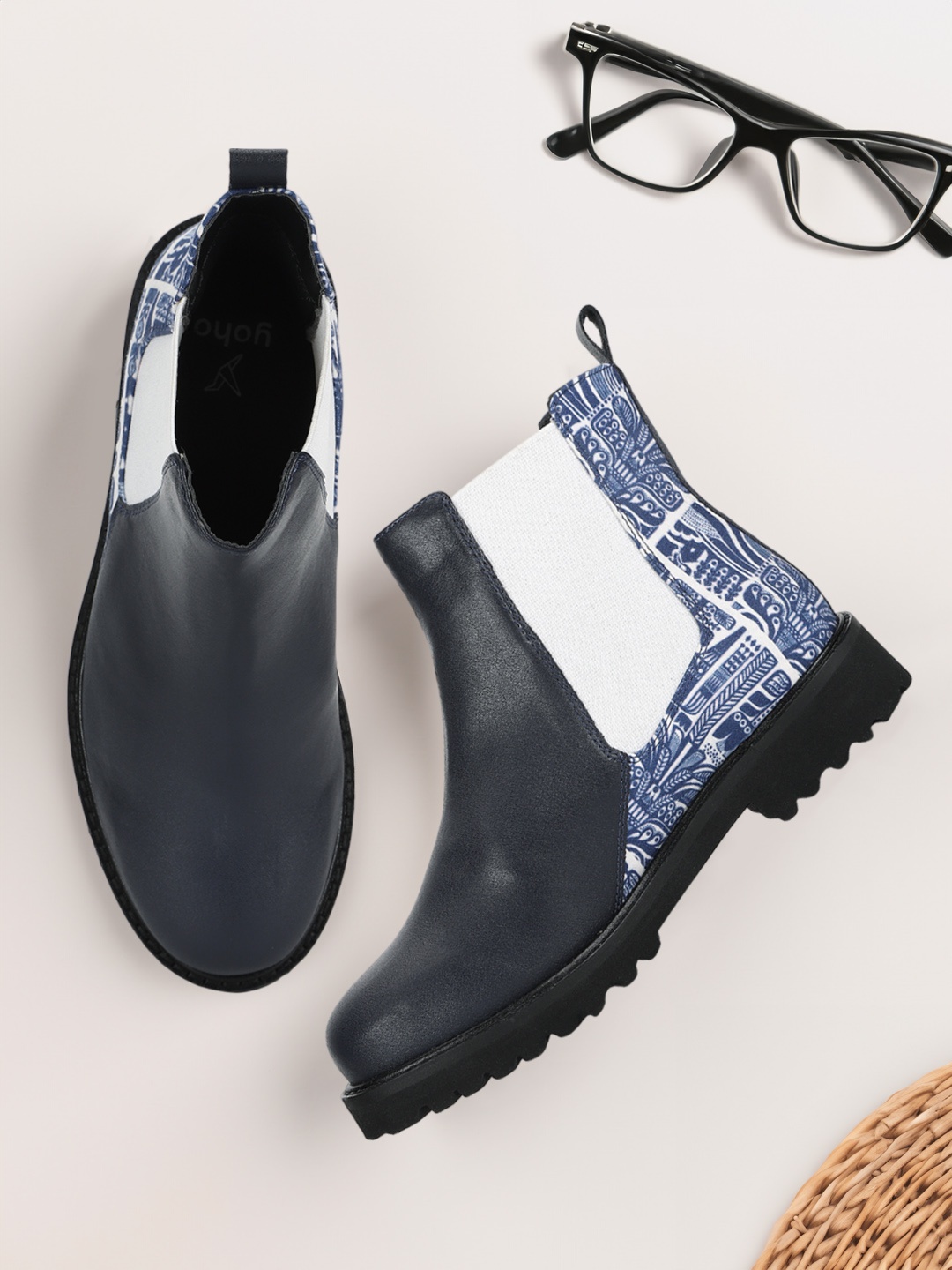 

yoho Women Printed High-Top Lightweight Round Toe Block Heeled Chelsea Boots, Navy blue