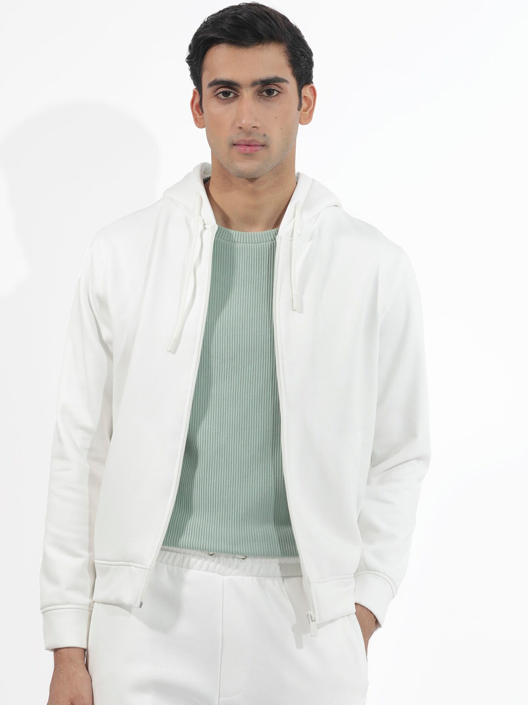 

RARE RABBIT Men Trood Regular Fit Hooded Front Open Sweatshirt, Off white