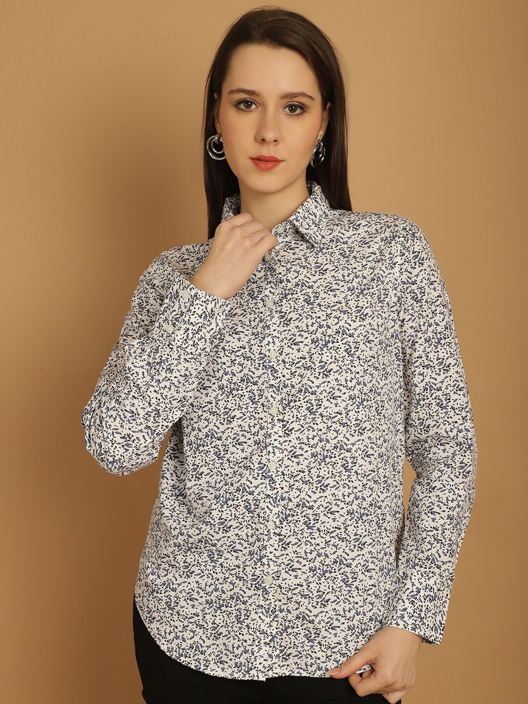 

NoBarr Regular Fit Floral Printed Cotton Spread Collar Formal Shirt, Off white