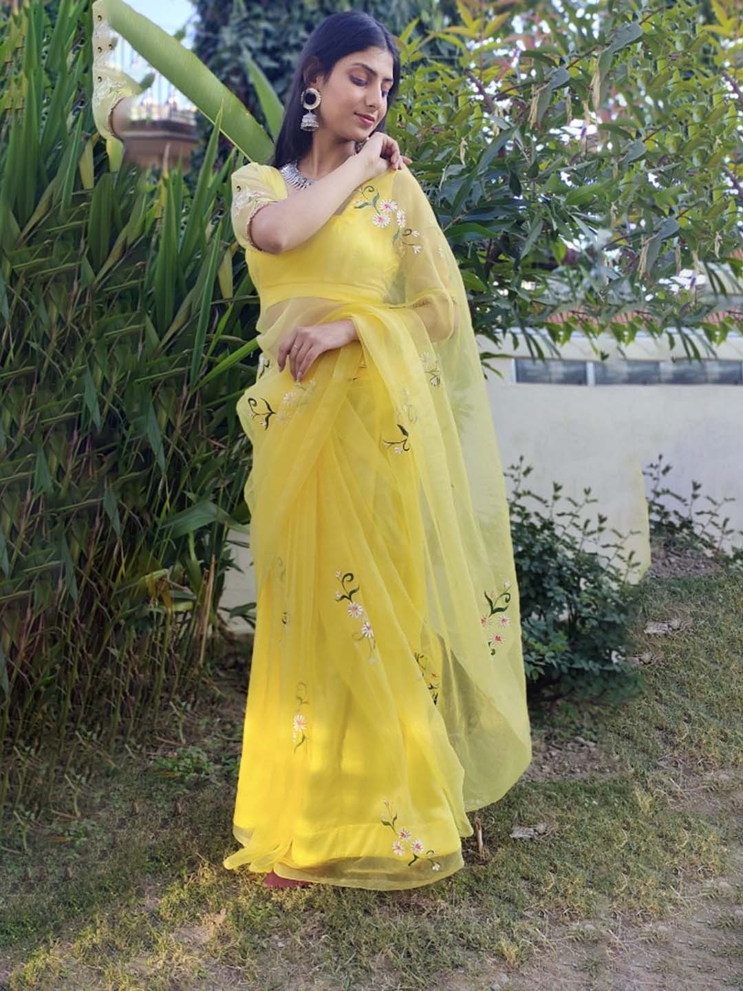 

DiraByDimple Floral Hand Painted Organza Saree, Yellow