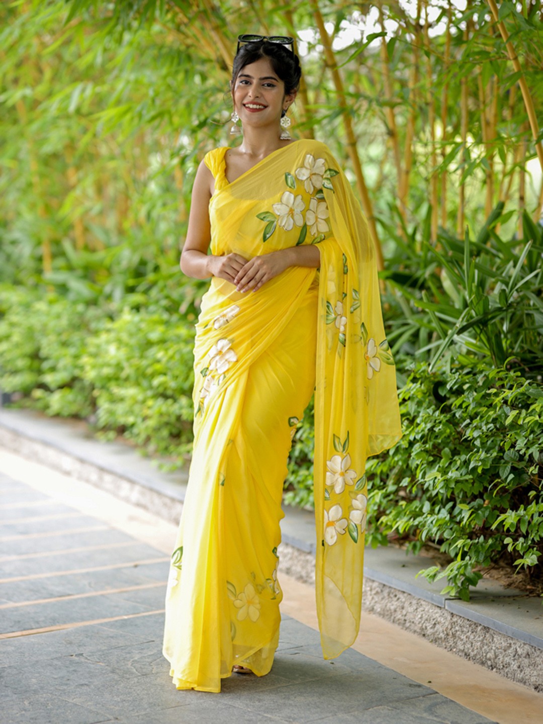 

DiraByDimple Floral Hand Painted Chiffon Saree, Yellow