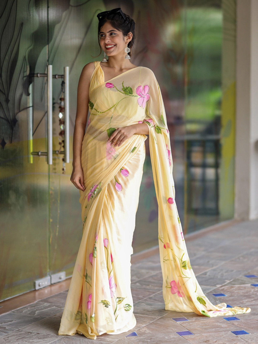 

DiraByDimple Floral Handpainted Chiffon Saree, Yellow