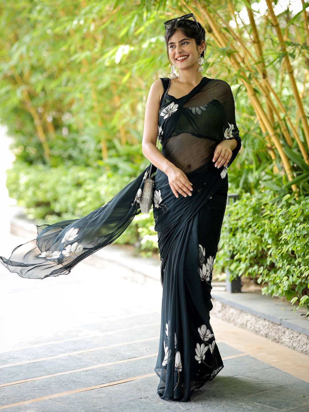 

DiraByDimple Floral Handpainted Chiffon Saree, Charcoal