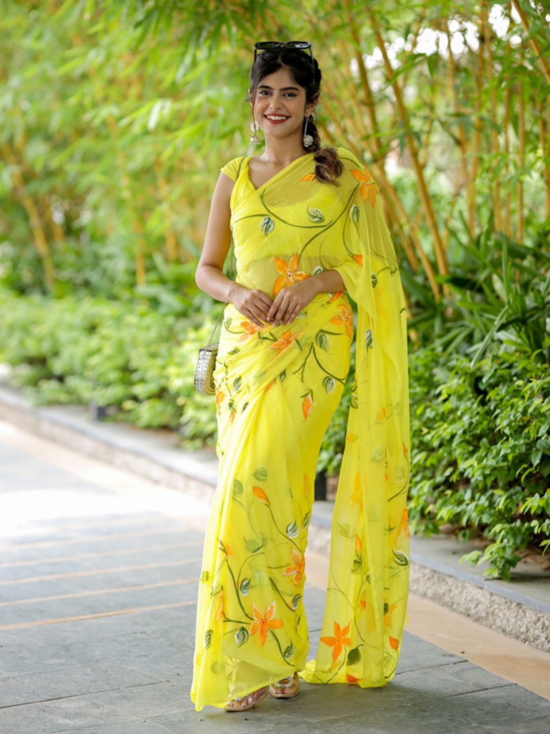 

DiraByDimple Floral Handpainted Chiffon Saree, Yellow