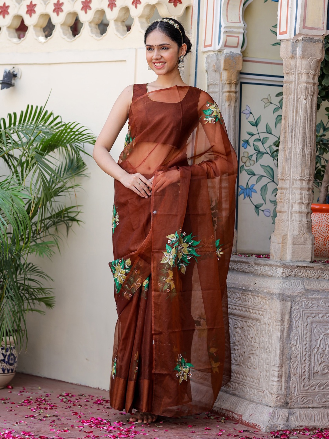 

DiraByDimple Floral Handpainted Organza Designer Saree, Brown