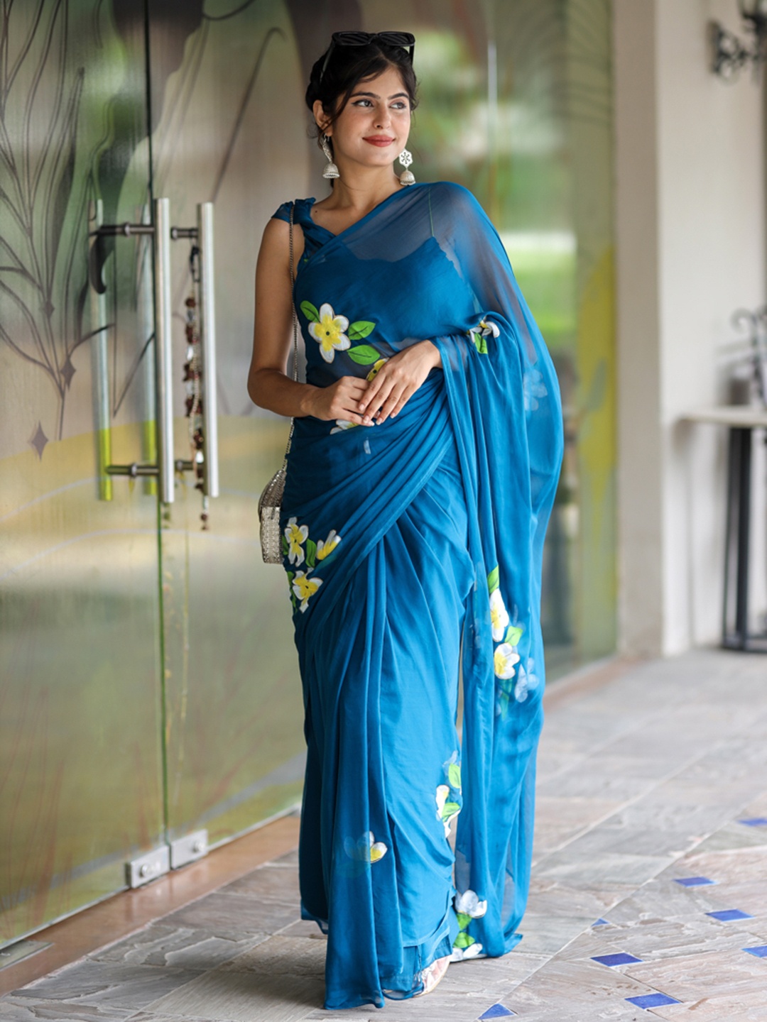 

DiraByDimple Floral Handpainted Pure Chiffon Designer Saree, Blue