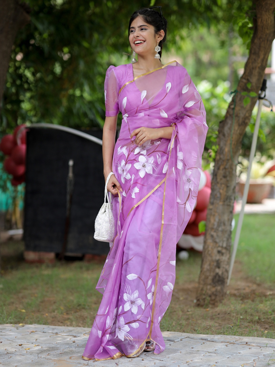 

DiraByDimple Floral Hand Painted Organza Saree, Violet