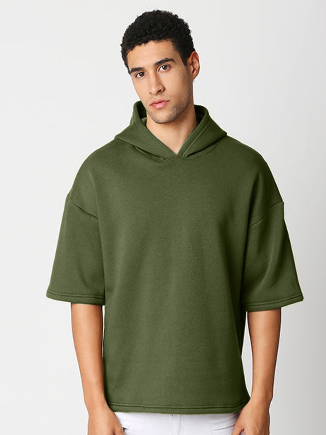 

HEMSTERS Drop Shoulder Sleeves Cotton Fleece Relaxed Fit Hood Pullover Sweatshirt, Green