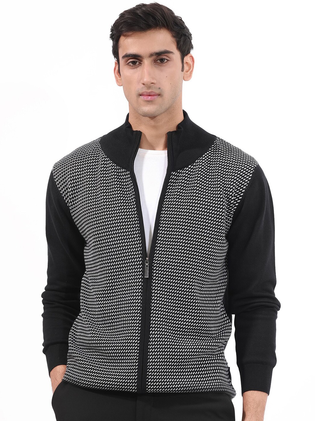

RARE RABBIT Geometric Printed Mock Collar Cotton Front Open Sweatshirt, Black