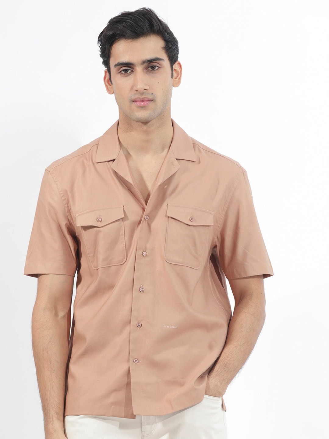 

RARE RABBIT Men Salford Regular Fit Cuban Collar Cotton Shirt, Brown