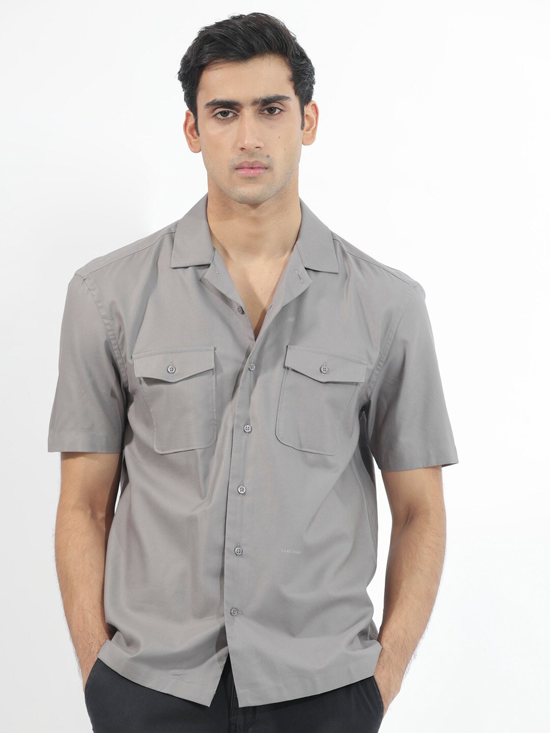 

RARE RABBIT Men Salford Regular Fit Cuban Collar Cotton Shirt, Grey