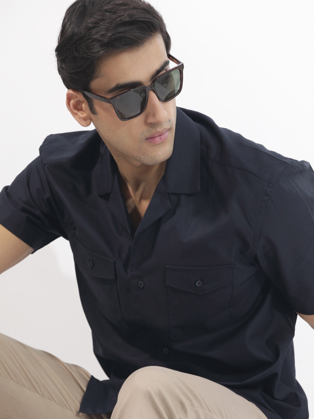 

RARE RABBIT Men Salford Regular Fit Cuban Collar Cotton Shirt, Navy blue