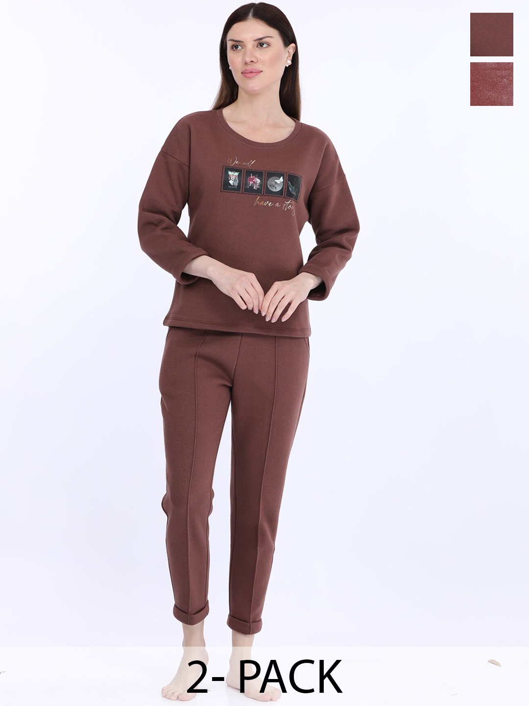 

MAYSIXTY Pack Of 2 Round Neck Long Sleeve Night suits, Brown