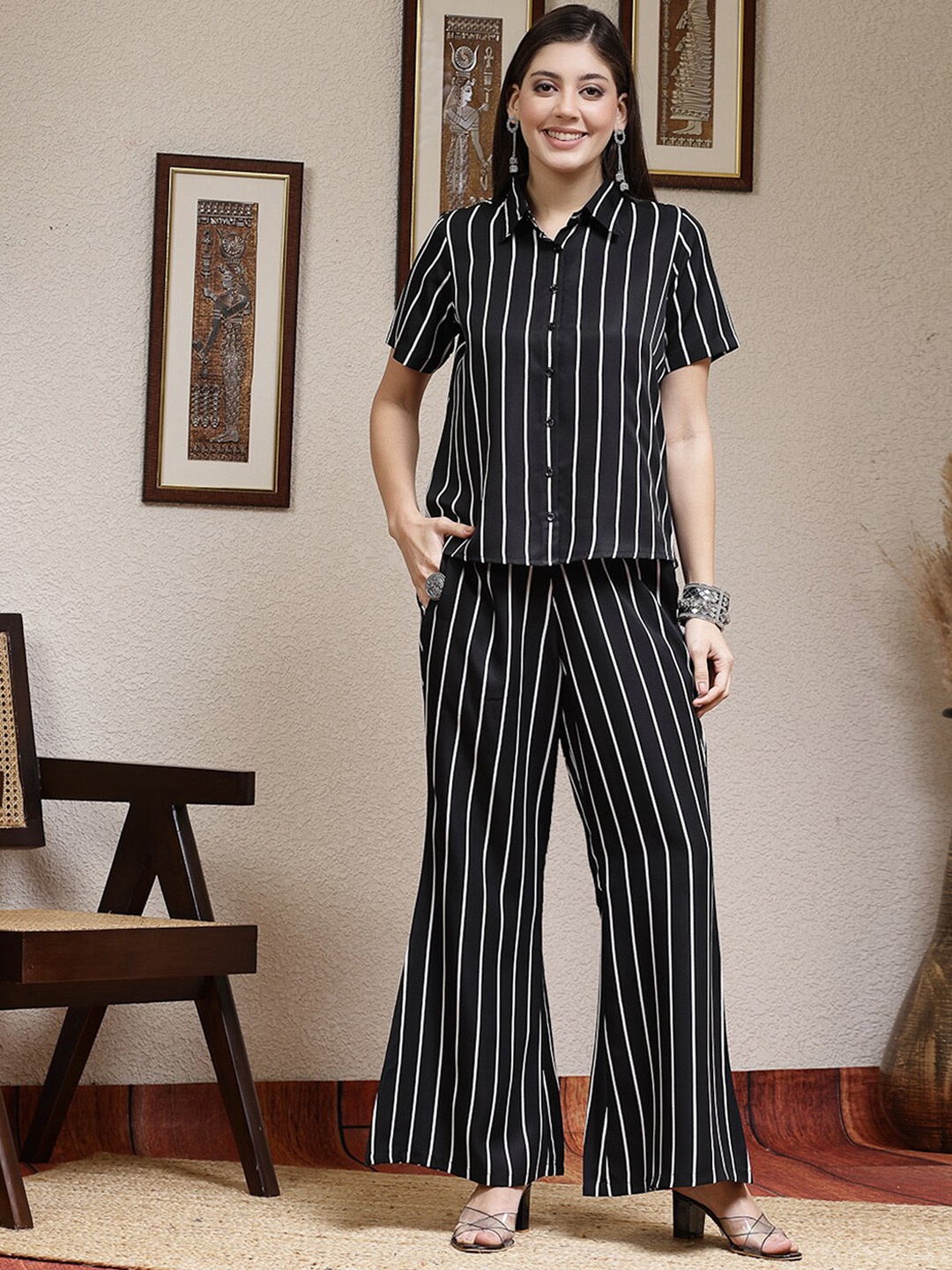 

Selvia Striped Shirt with Trouser, Black
