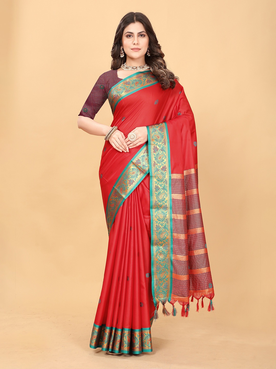 

MOLTIRA Woven Design Zari Pure Cotton Designer Banarasi Saree, Red
