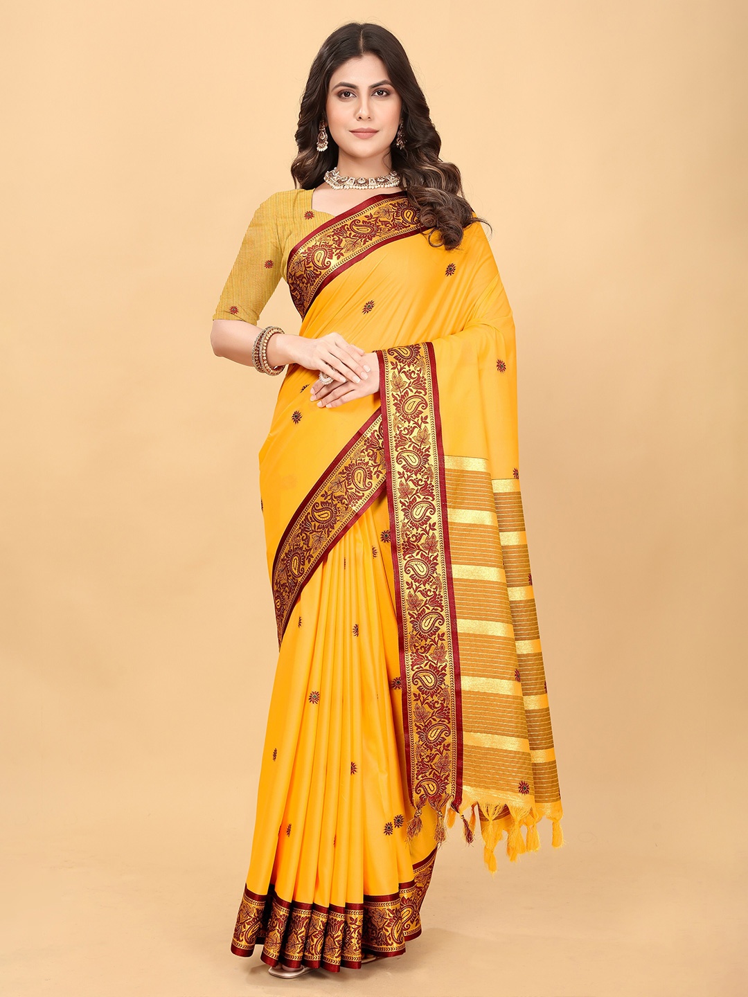 

MOLTIRA Woven Design Zari Pure Cotton Designer Banarasi Saree, Yellow