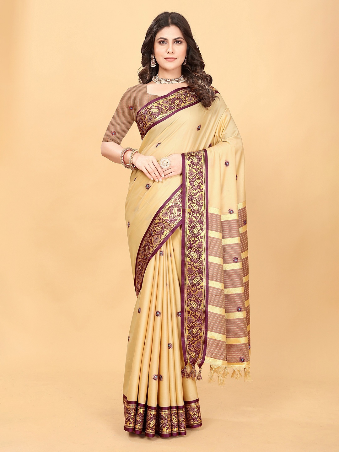

MOLTIRA Woven Design Zari Pure Cotton Designer Banarasi Saree, Beige