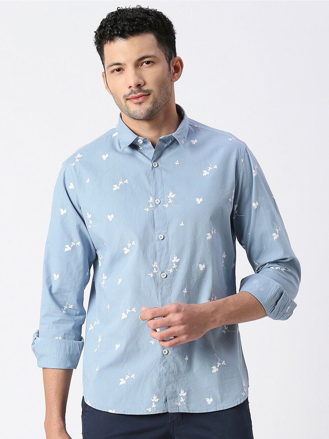 

SNX Tailored Fit Floral Printed Pure Cotton Casual Shirt, Blue