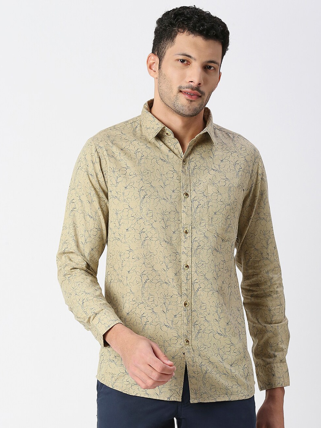 

SNX Tailored Fit Floral Printed Pure Cotton Casual Shirt, Khaki