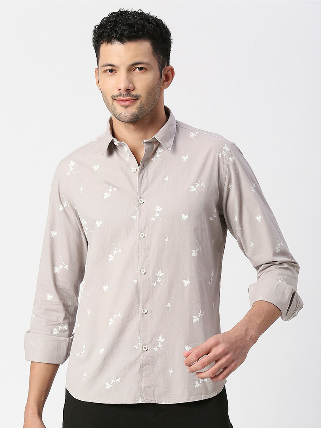 

SNX Tailored Fit Floral Printed Pure Cotton Casual Shirt, Grey