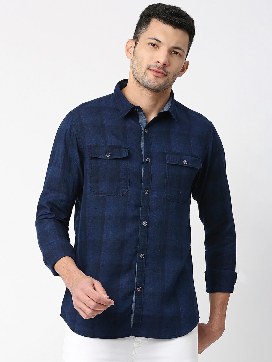 

SNX Checked Cotton Tailored Fit Casual Shirt, Navy blue