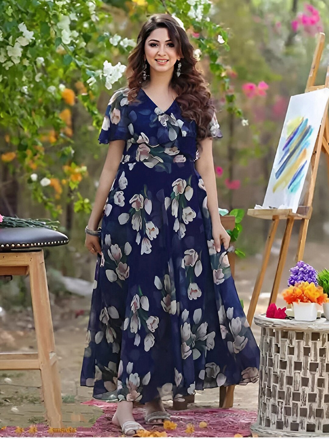 

Selvia Floral Printed Flutter Sleeves Georgette Maxi Dress, Navy blue