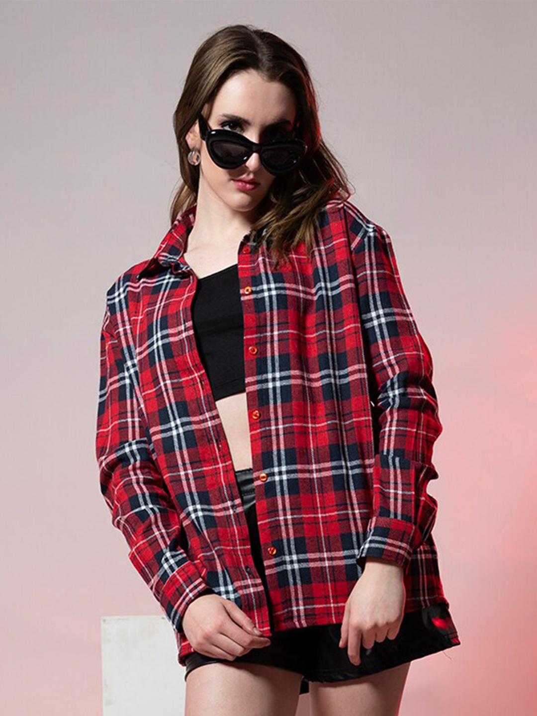 

Stylecast X Hersheinbox Red Tartan Checks Oversized Casual Shirt