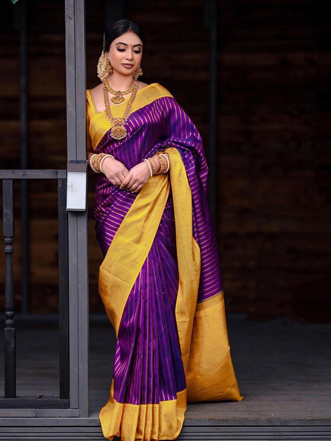 

Mitera Violet & Yellow Striped Zari Saree