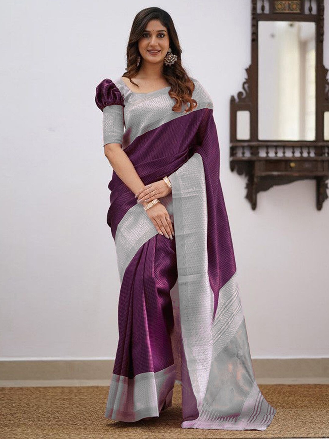 

Mitera Purple & Grey Checked Zari Saree