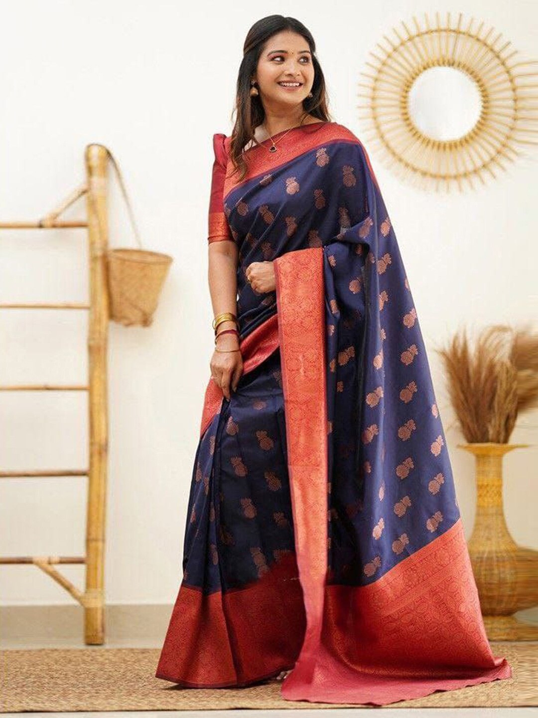 

Mitera Navy Blue & Red Ethnic Woven Design Zari Saree