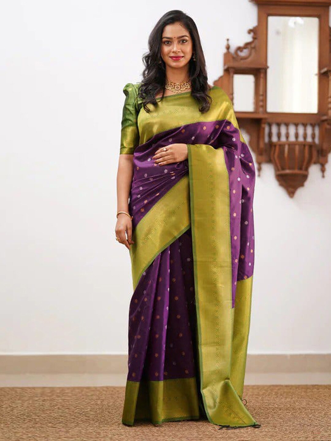 

Mitera Purple & Green Ethnic Woven Design Zari Banarasi Saree