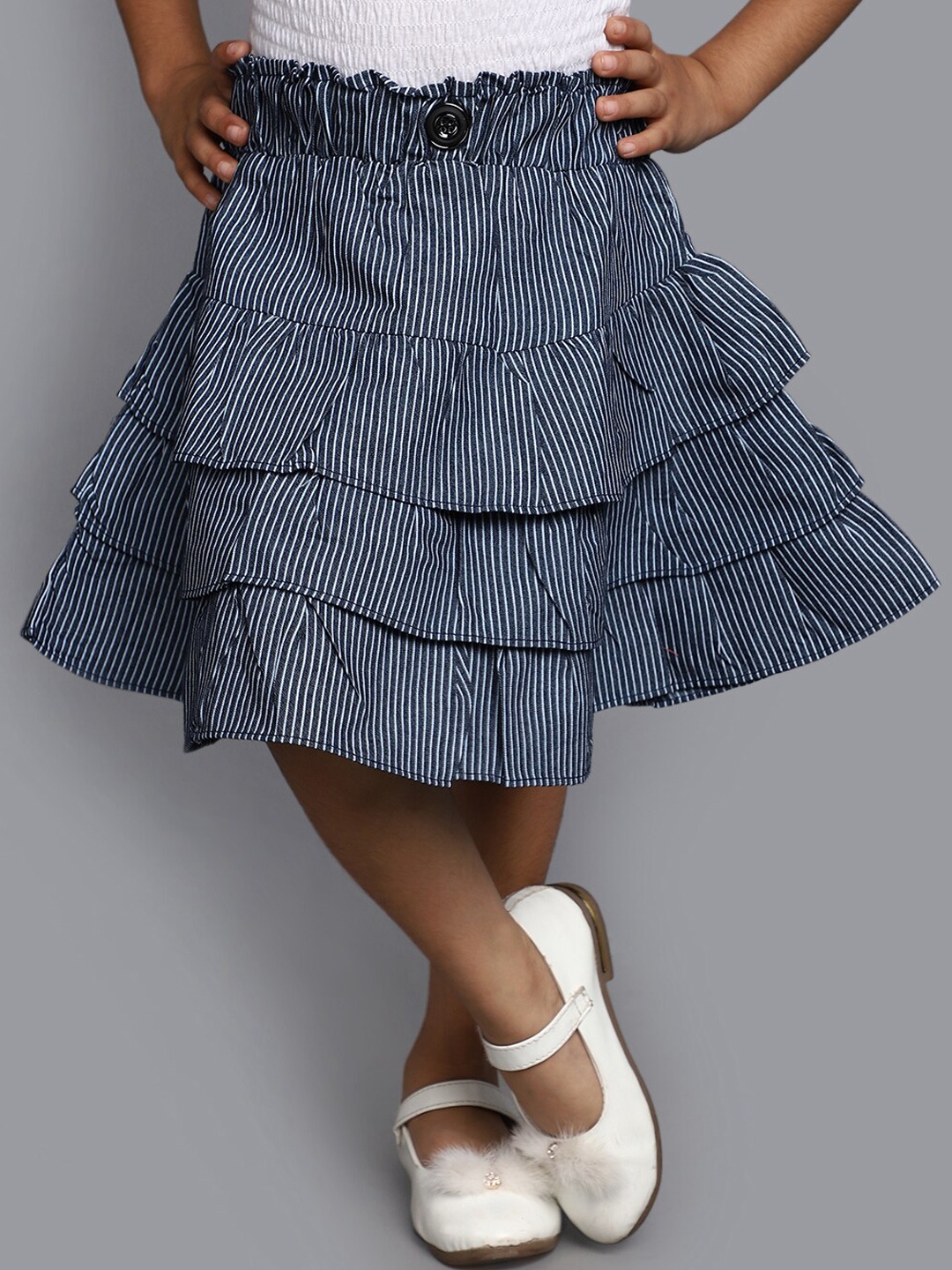 

V-Mart Girls Striped Layered Denim Skirt, Blue