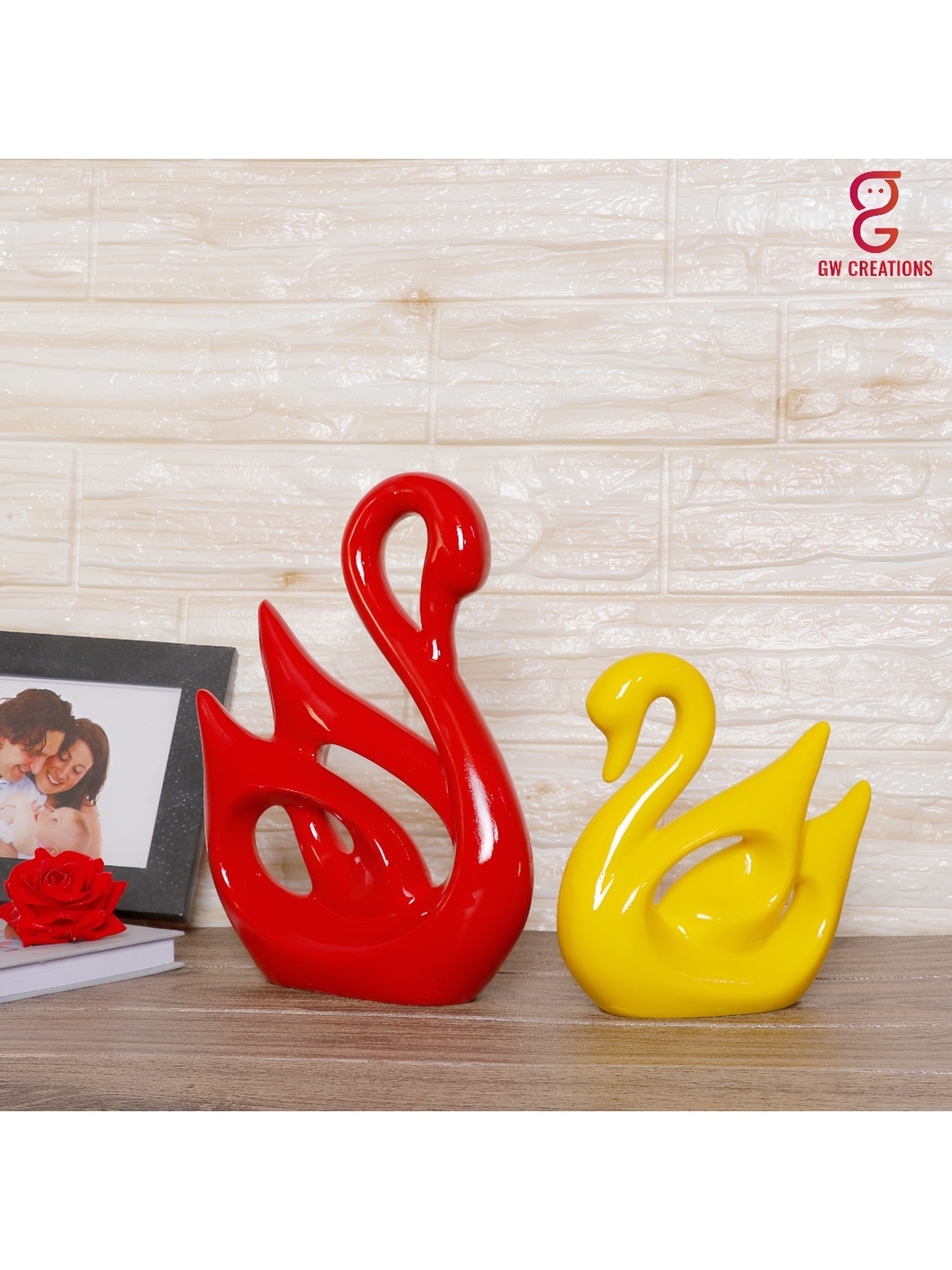 

GW CREATIONS Red & Yellow Swan Couple Statue Figurine Showpiece