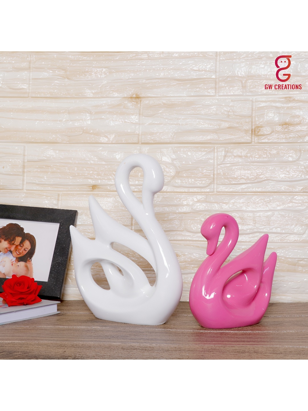 

GW CREATIONS White & Pink 2 Pieces Swan Figurine Showpiece