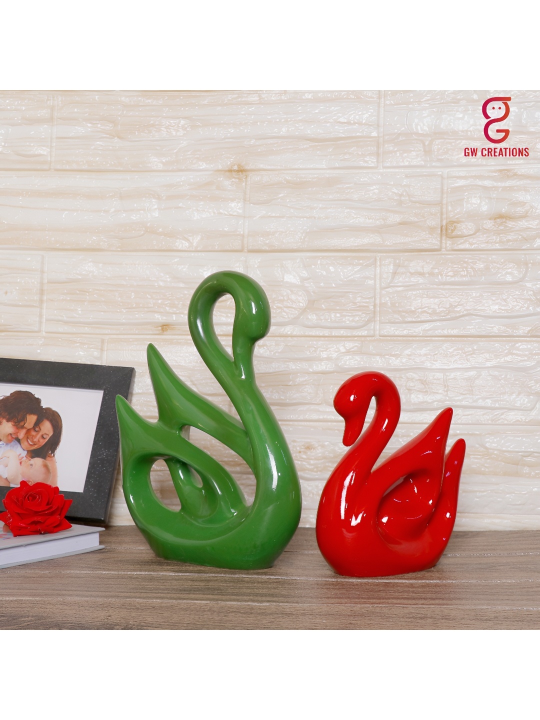 

GW CREATIONS Green & Red 2 Pieces Swan Figurine Showpiece