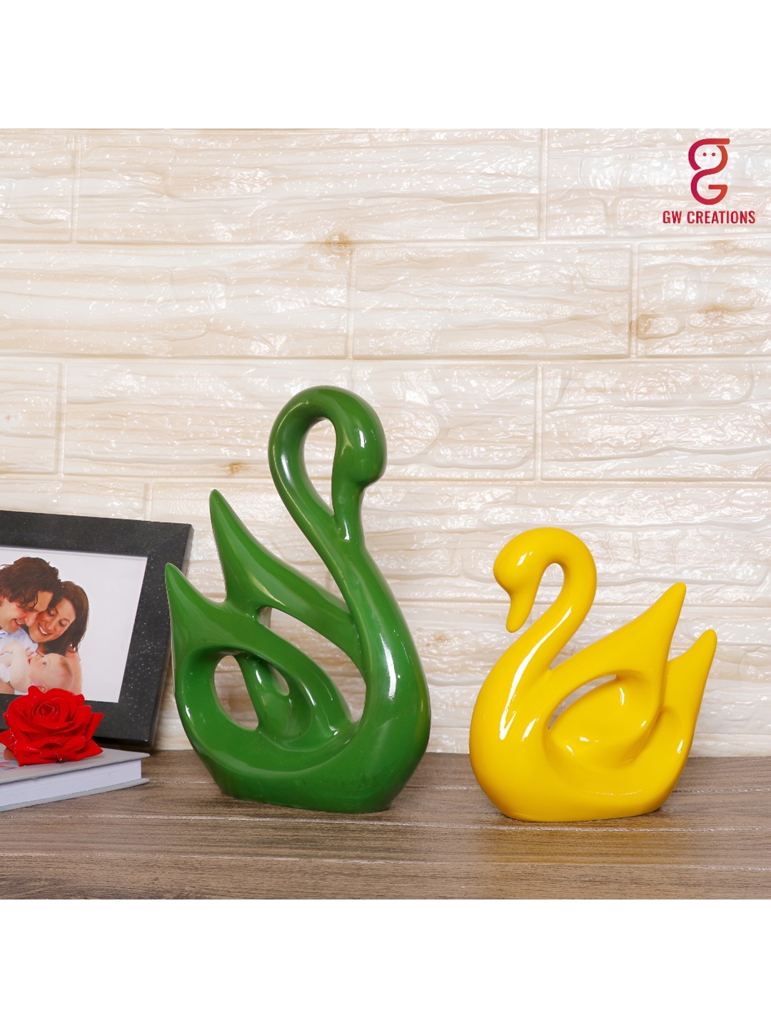 

GW CREATIONS Green & Yellow 2 Pieces Swan Figurine Showpiece