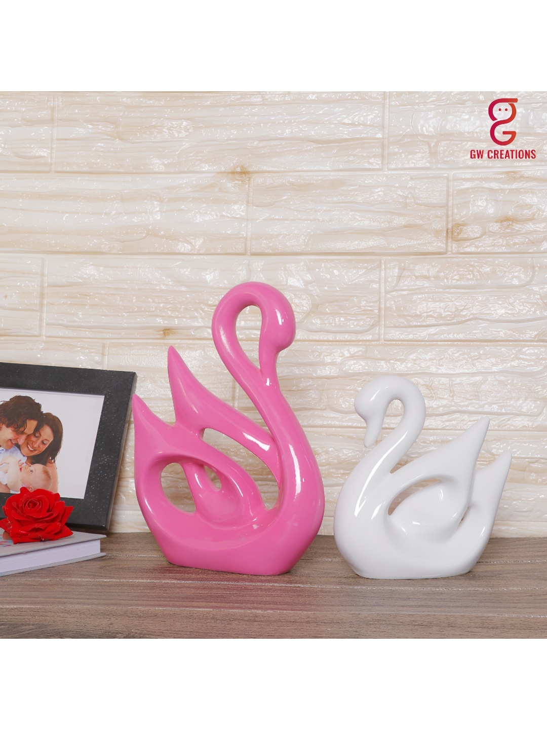 

GW CREATIONS Pink & White Swan Couple Figurine Showpiece
