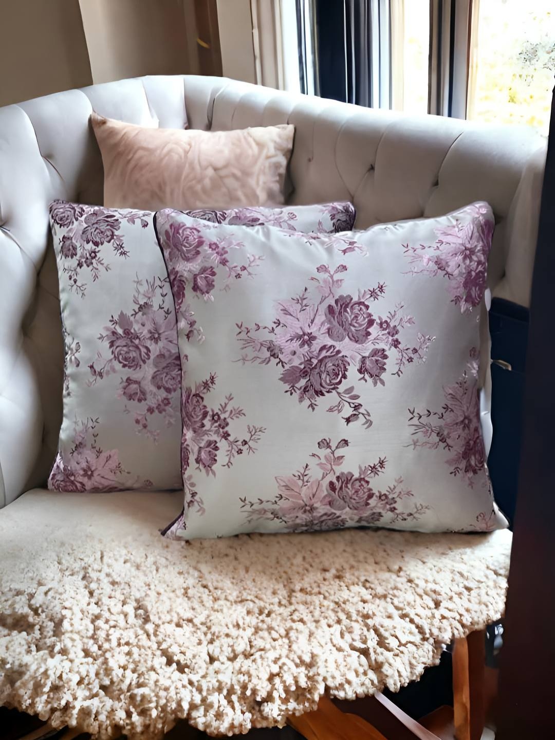 

CASA-NEST Grey & Purple 2 Pieces Floral Square Cushion Covers
