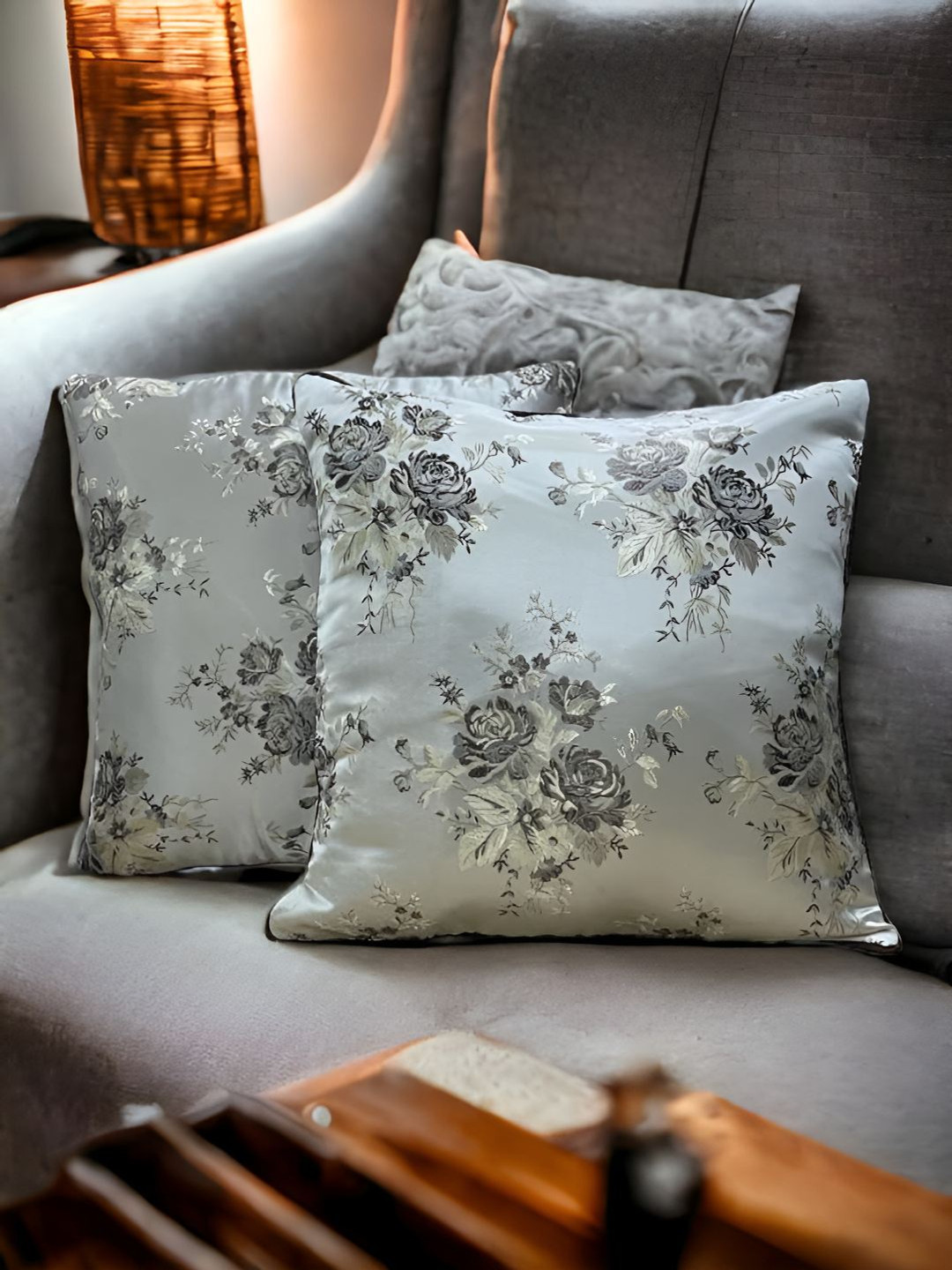 

CASA-NEST Grey & Black Set of 2 Pieces Floral Square Cushion Covers