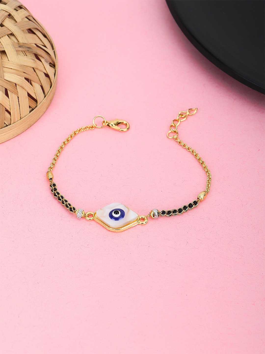 

Adwitiya Collection Gold-Plated Beaded Evil Eye Link Bracelet