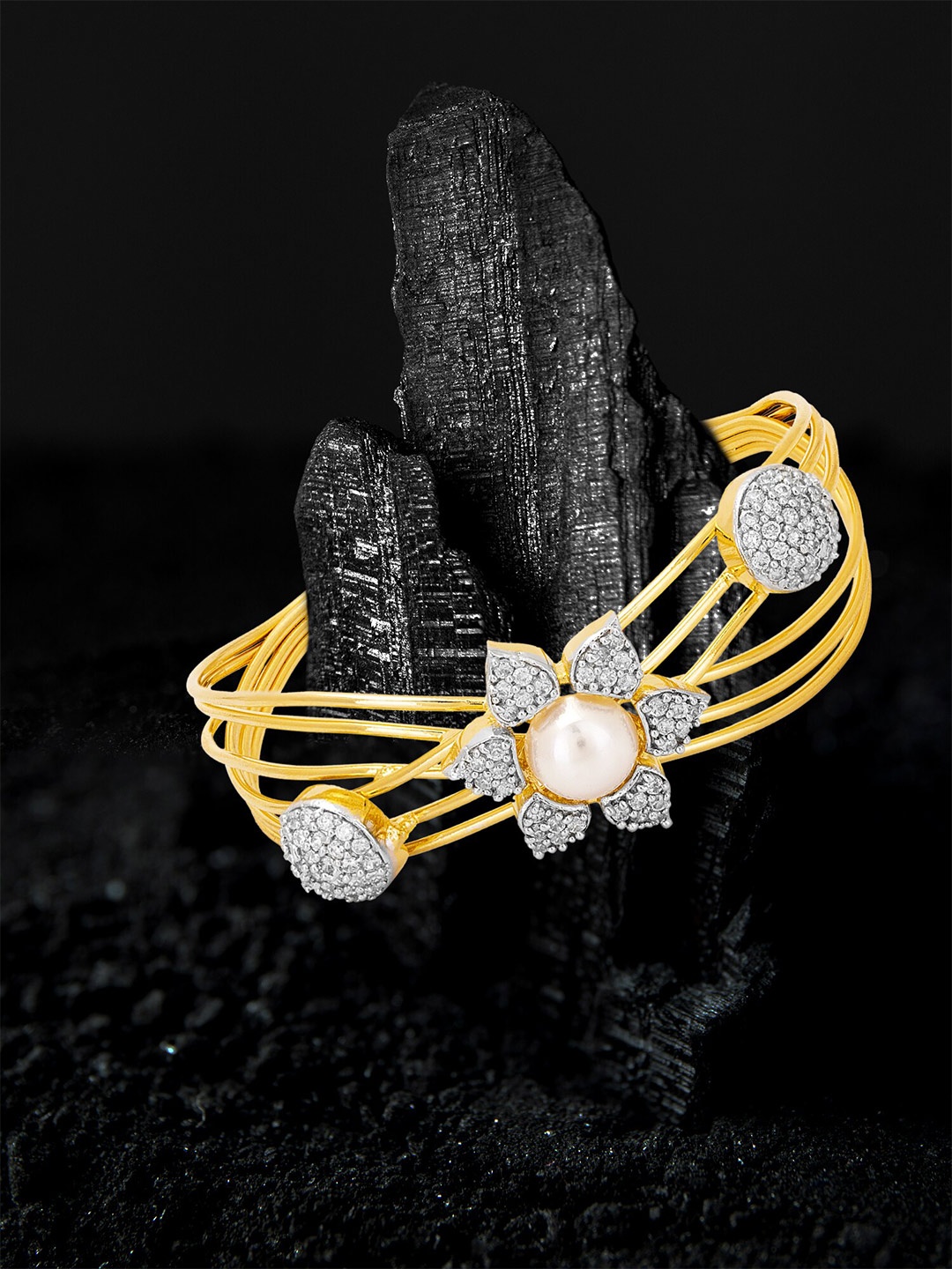 

Adwitiya Collection Gold-Plated Stone-Studded Beaded Cuff Bracelet