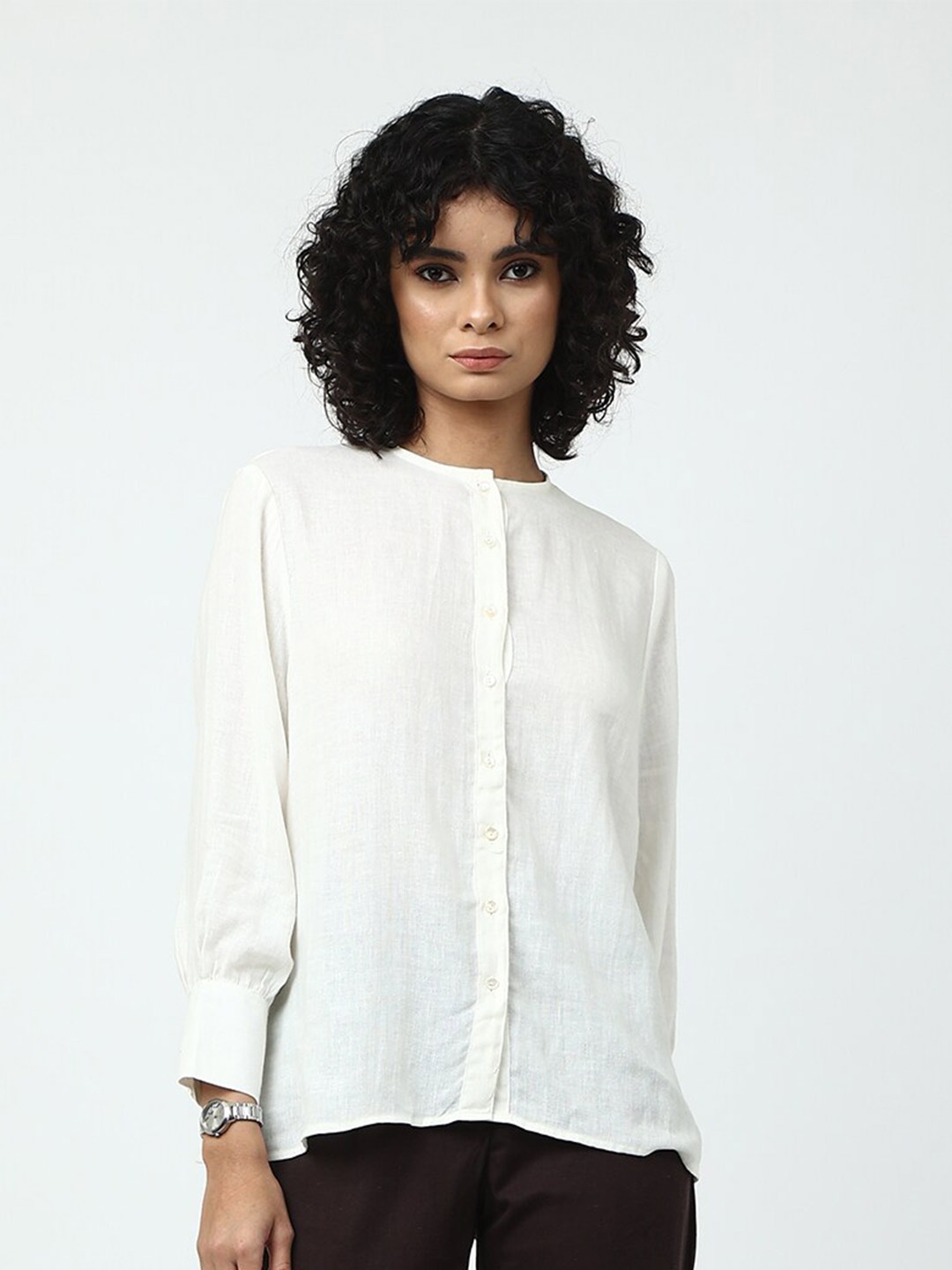 

Saltpetre Classic Fit Collarless Linen Casual Shirt, Cream