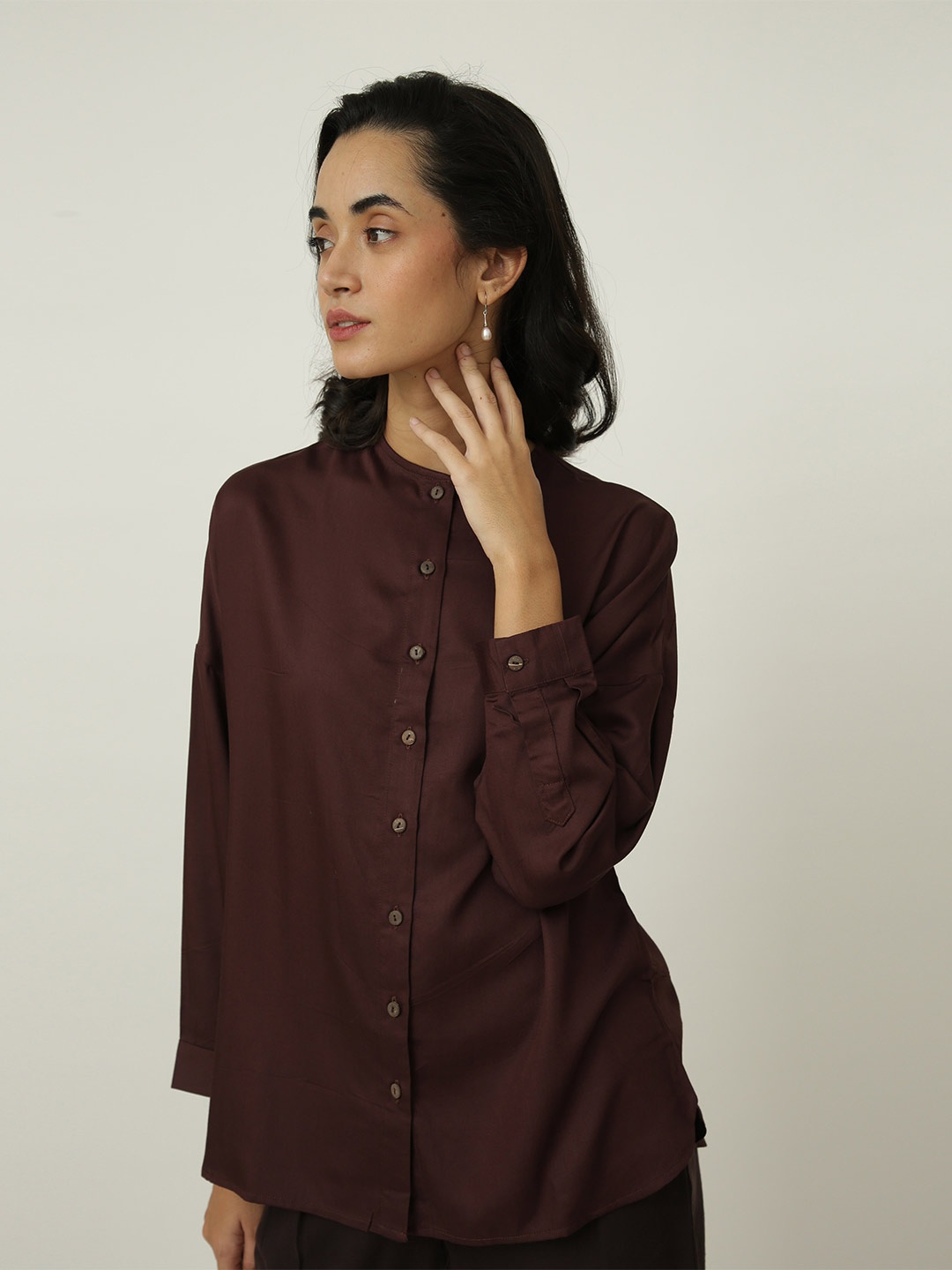 

Saltpetre Classic Fit Collarless Longline Modal Casual Shirt, Coffee brown