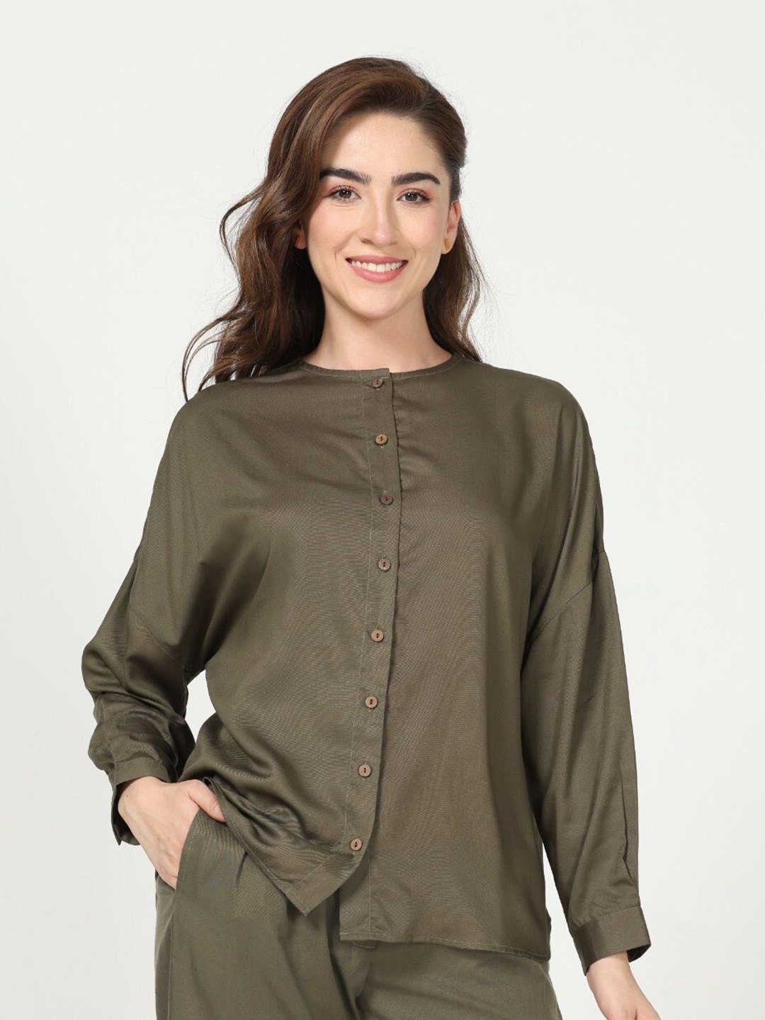 

Saltpetre Classic Fit Collarless Longline Modal Casual Shirt, Olive