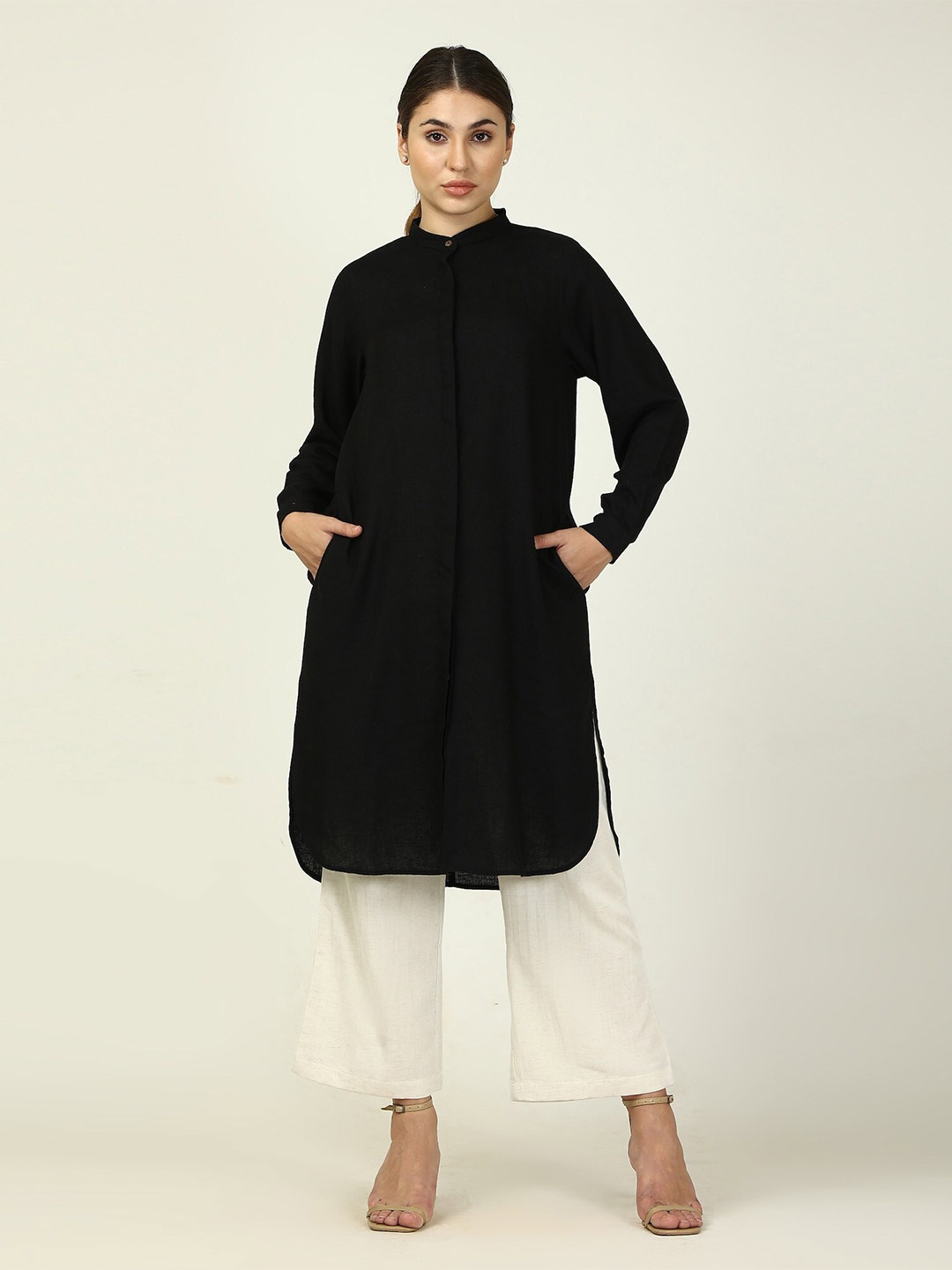 

Saltpetre women mandarin neck with front buttons long shirt, Black