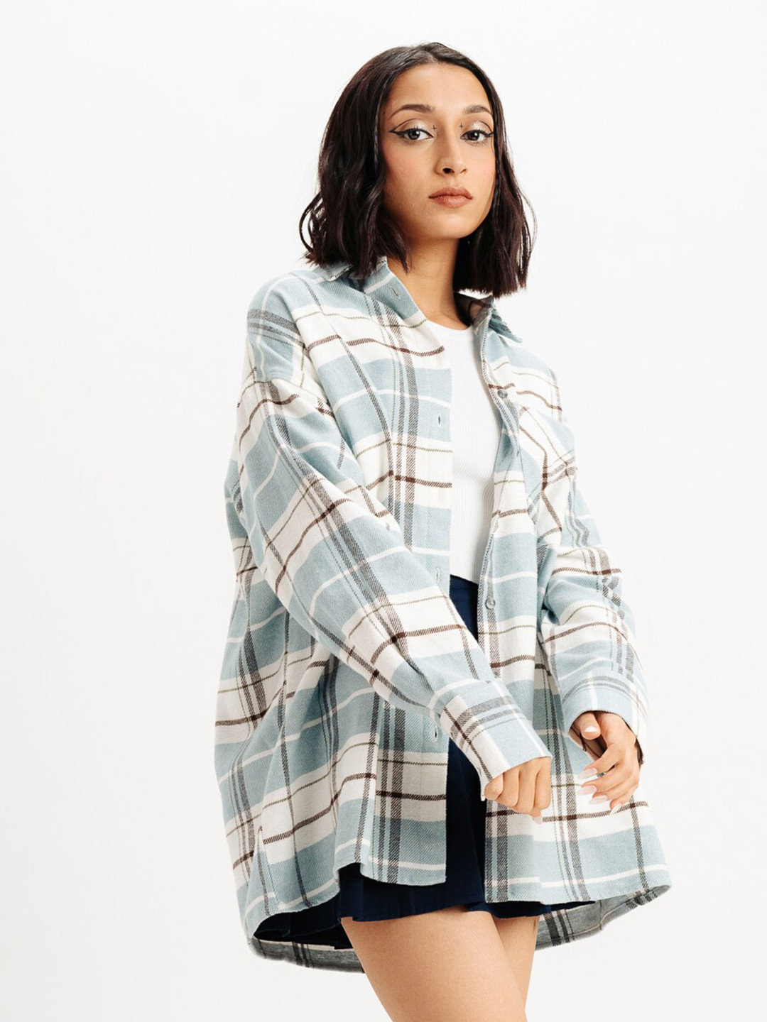 

FREAKINS Checked Long Sleeves Cotton Oversize Casual Shirt, Na