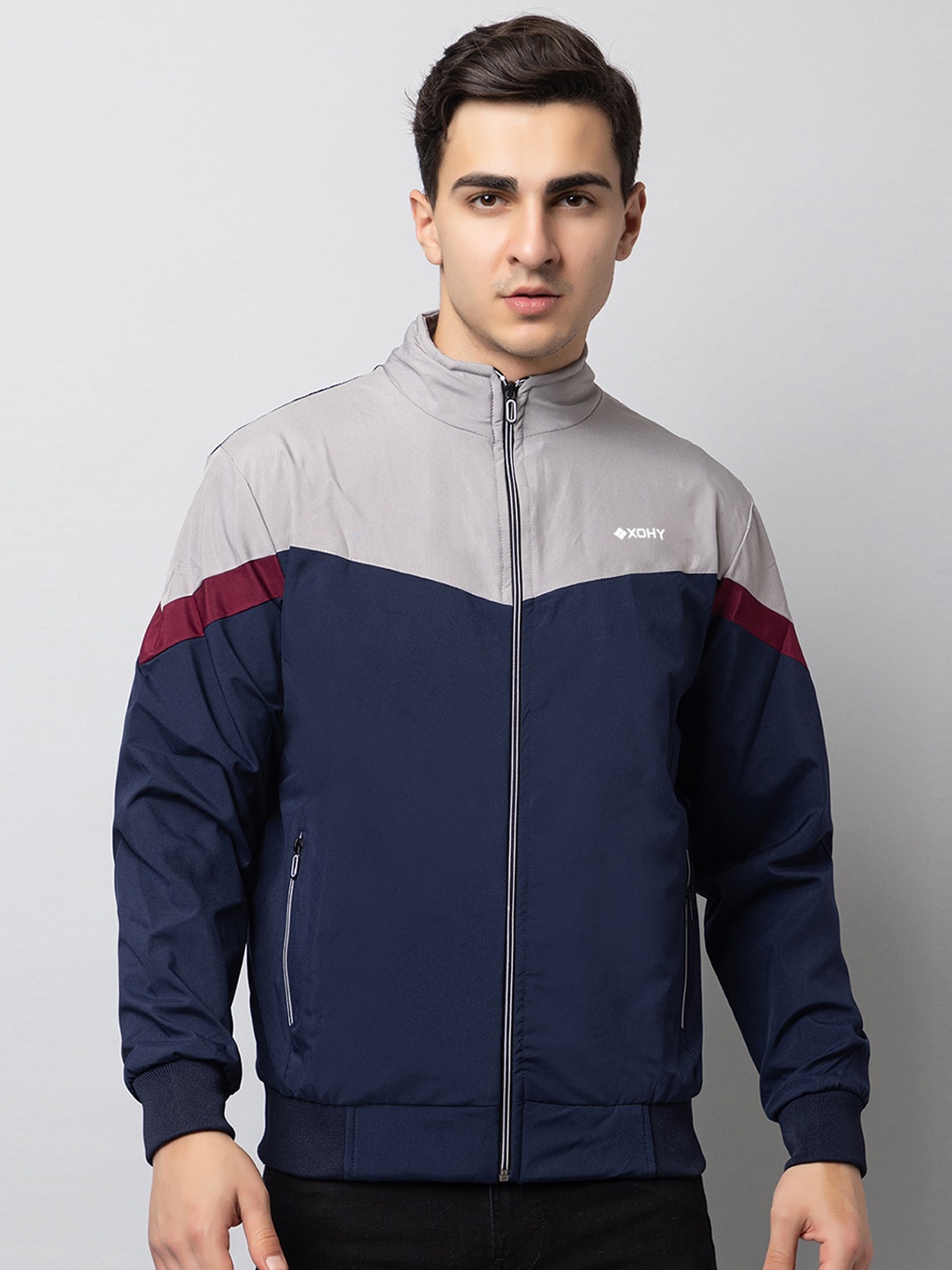 

Xohy Colourblocked Mock Collar Lightweight Cotton Bomber Jacket, Navy blue