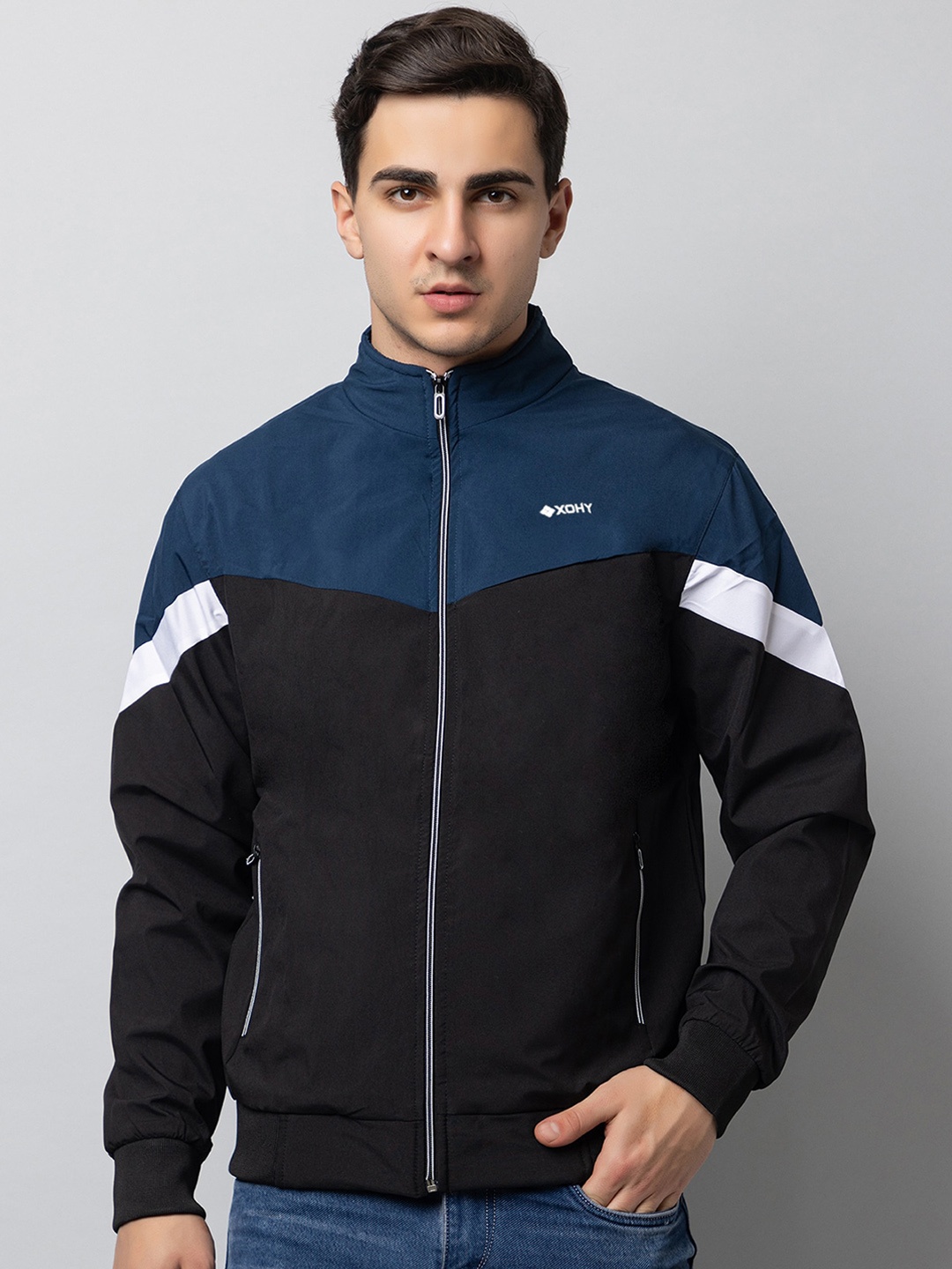 

Xohy Colourblocked Mock Collar Lightweight Bomber Jacket, Black