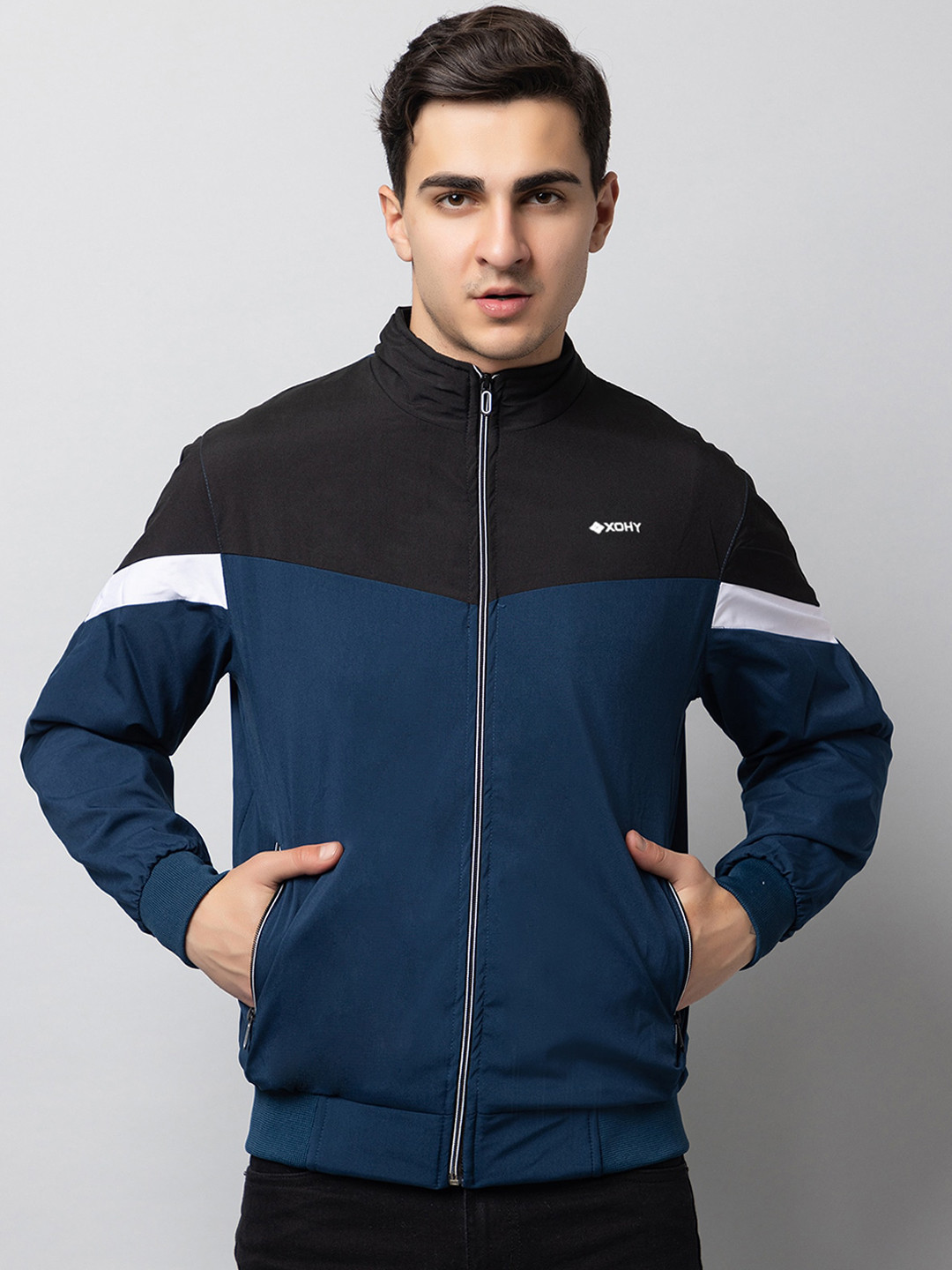 

Xohy Colourblocked Mock Collar Lightweight Cotton Bomber Jacket, Blue