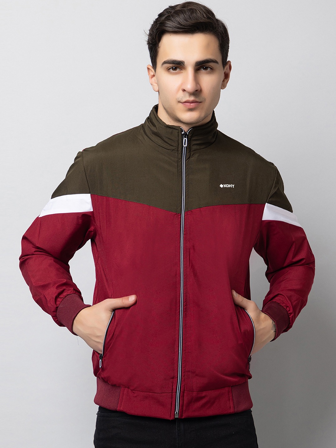 

Xohy Colourblocked Mock Collar Lightweight Cotton Bomber Jacket, Maroon